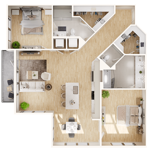 Floor plan for 2 beds, 2 baths, 1321 sqft